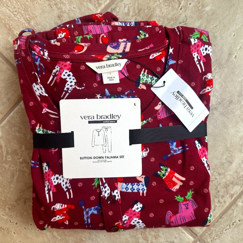 VERA BRADLEY HOLIDAY HOUNDS BUTTON-DOWN HENLEY PAJAMAS:NWT LARGE or EXTRA LARGE